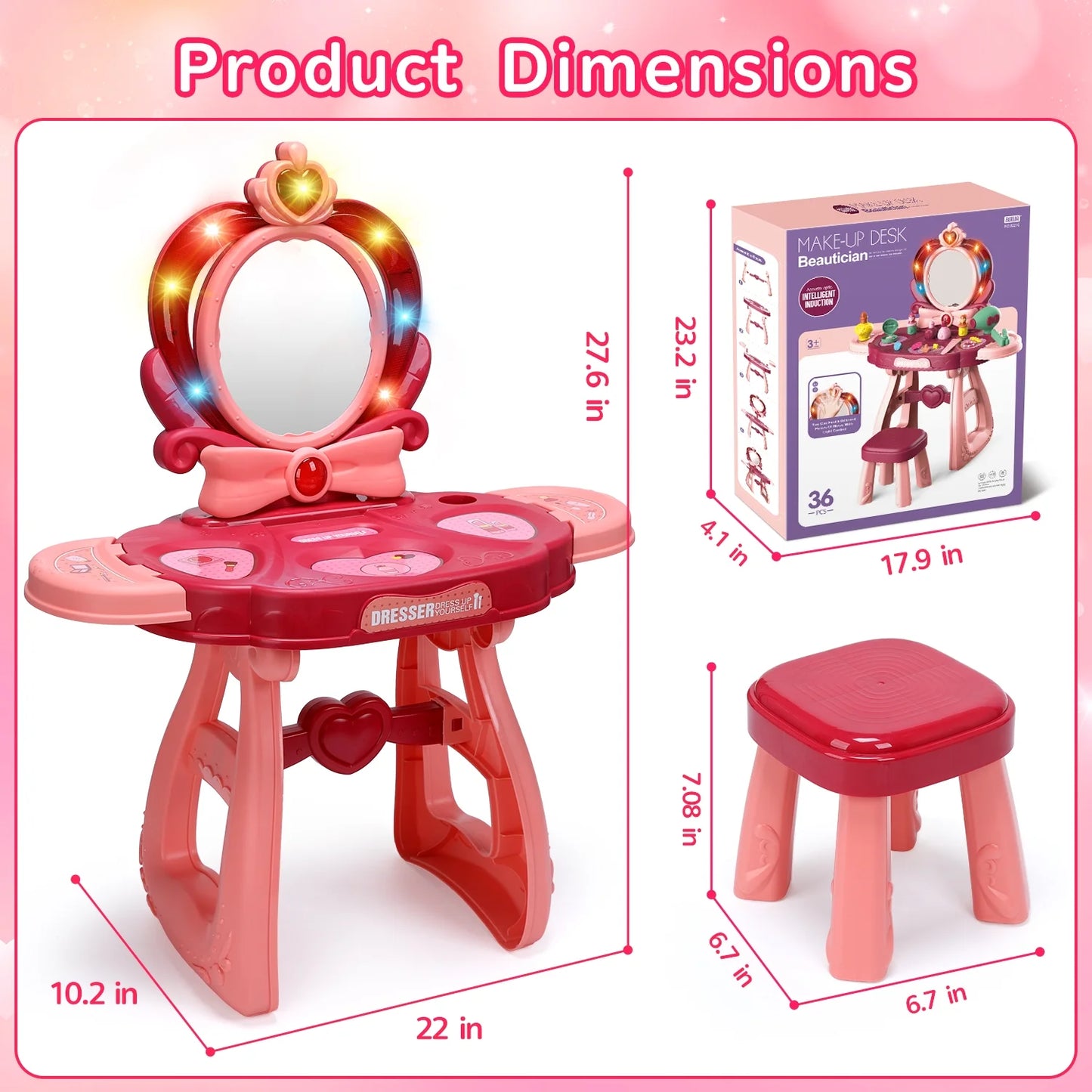 JoyStone Toddler Vanity Set, Pretend Princess Girls Vanity Table with Mirror, Cosmetics and Hair Dryer, Kids Vanity Table and Chair Set for 2 3 4 5 Year Old Girls (Pink）
