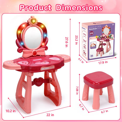 JoyStone Toddler Vanity Set, Pretend Princess Girls Vanity Table with Mirror, Cosmetics and Hair Dryer, Kids Vanity Table and Chair Set for 2 3 4 5 Year Old Girls (Pink）