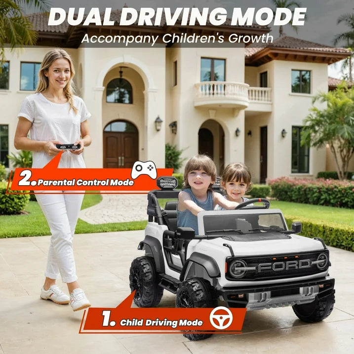 Licensed Ford Bronco Raptor 24V Kids Electric Car, 2-Seater Ride On Car for Ages 3-10 with Parent Remote Control, 4.4MPH Max Speed, 130lb Max Weight, Bluetooth Music, ASTM F963 Certified (White)