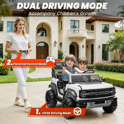 Licensed Ford Bronco Raptor 24V Kids Electric Car, 2-Seater Ride On Car for Ages 3-10 with Parent Remote Control, 4.4MPH Max Speed, 130lb Max Weight, Bluetooth Music, ASTM F963 Certified (White)
