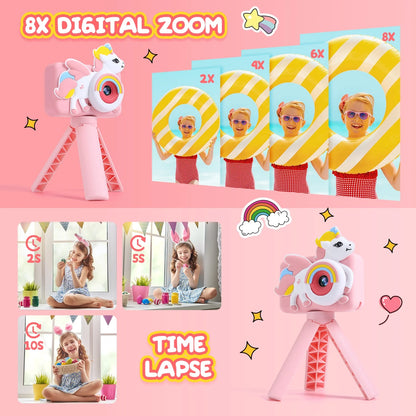 JoyStone Upgrade Selfie Kids Camera with a Tripod, HD Kids Digital Video Cameras for Toddler with Cartoon Soft Silicone Cover, 32G SD Card