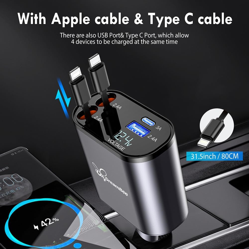 Retractable Car Charger,Super Fast USB Car iPhone Charger,Dual iPhone Retractable Cables (31.5 inch) and 2 USB Ports Car Charger Adapter for iPhone14/13/12/11 Pro Max/XS MAX/,iPad,Samsung