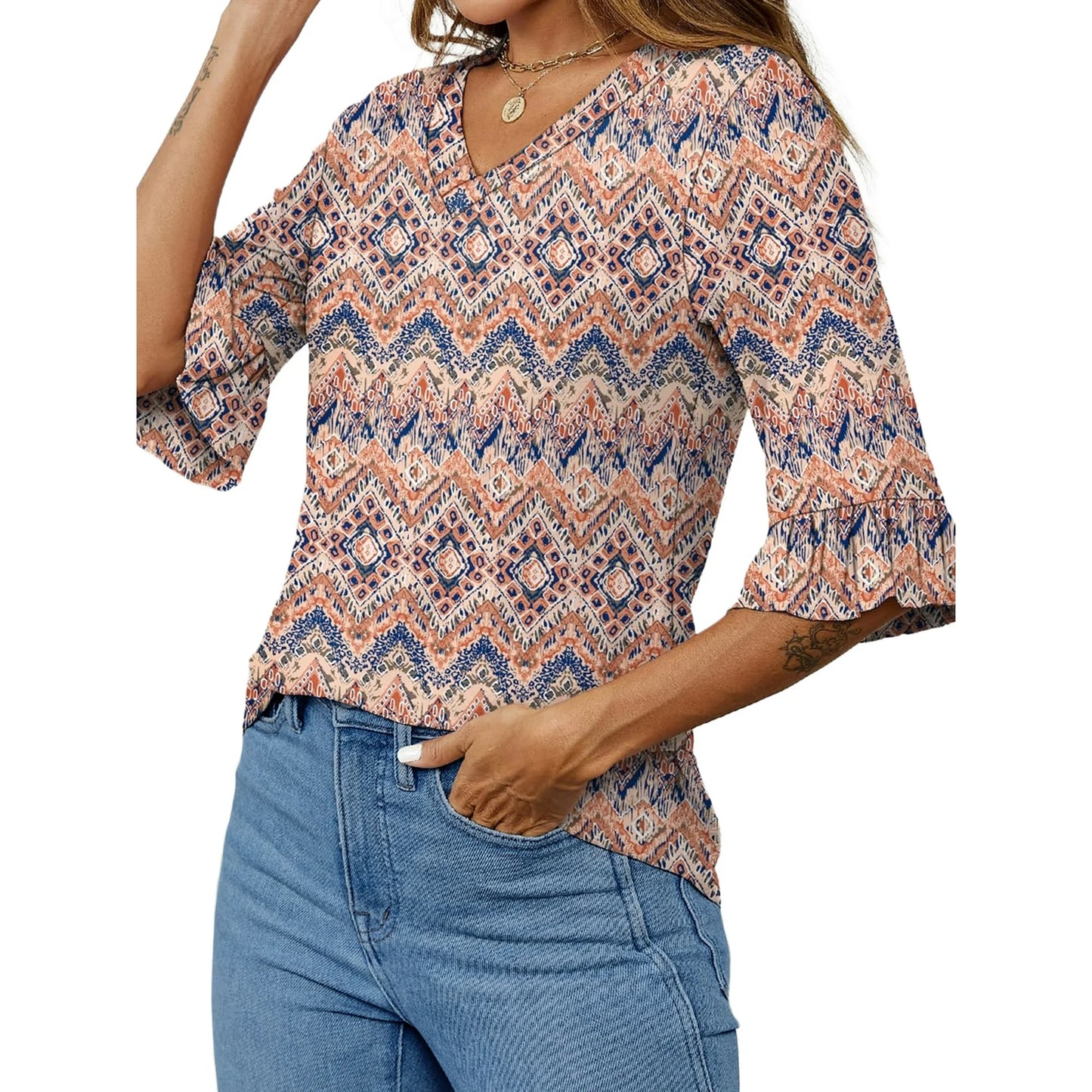 UVN Tunic Blouses for Womens Floral Print Tops Summer V-Neck 3/4 Ruffle Sleeve Blouse