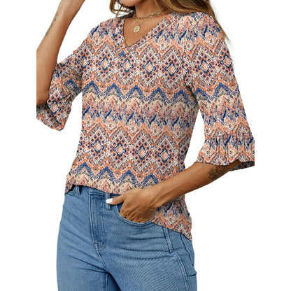 UVN Tunic Blouses for Womens Floral Print Tops Summer V-Neck 3/4 Ruffle Sleeve Blouse