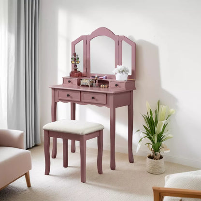 NicBex Wooden Vanity Make Up Table and Upholstered Stool Set with 3-panel Beveled Mirror for Bedroom