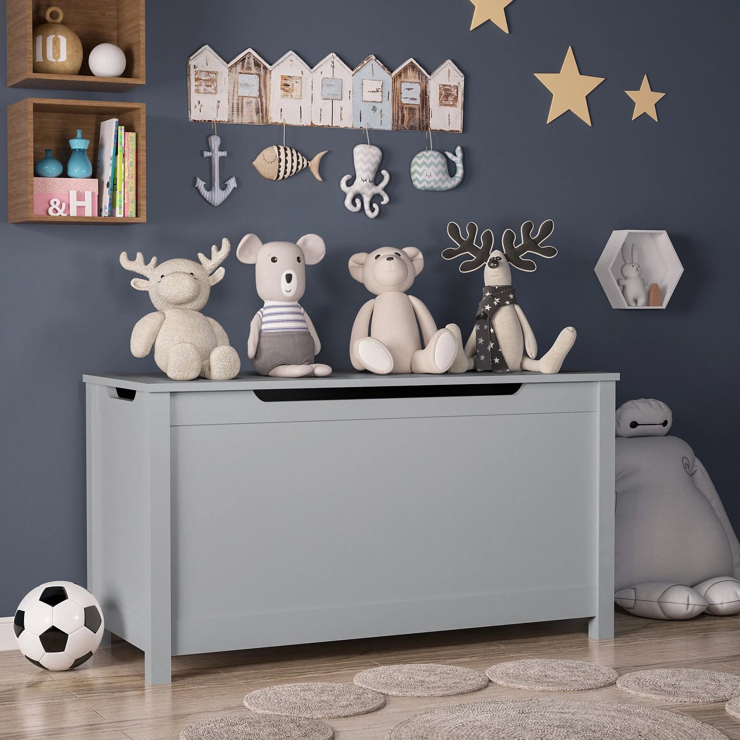 PORKISS Toy Box for Boys Girls, Wooden Kids Toy Chest with Storage Bench and Safety Hinged Lid, Modern Toy Storage Organizer for Living Room, Bedroom, Toddler Room, Gray
