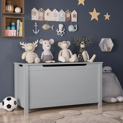 PORKISS Toy Box for Boys Girls, Wooden Kids Toy Chest with Storage Bench and Safety Hinged Lid, Modern Toy Storage Organizer for Living Room, Bedroom, Toddler Room, Gray