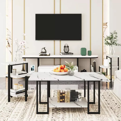 Hooseng 3 Pieces Coffee Table Set, Living Room Coffee Table with 2 End Side Tables Set and Metal Frame, Living Room Table Set