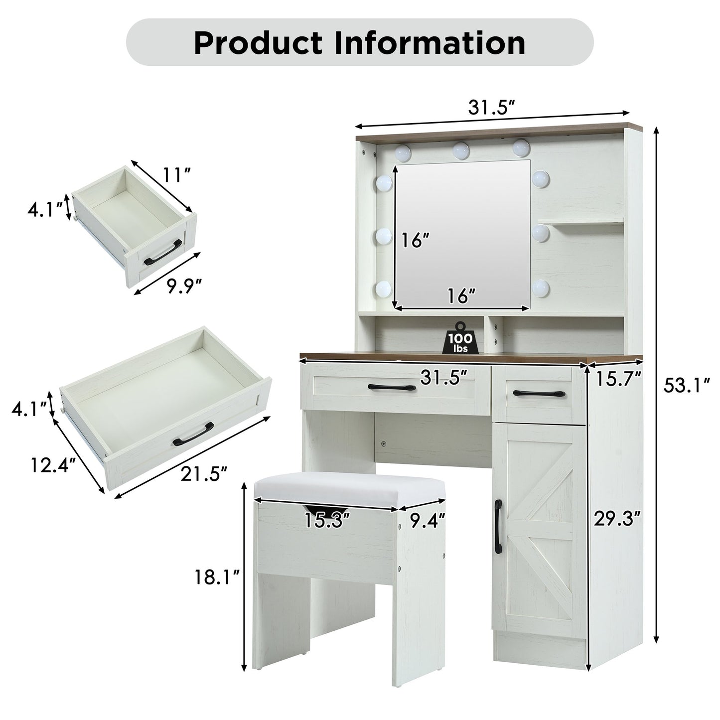 31.5" Makeup Vanity Desk with Mirror and Lights, 3 Lighting Modes, Vanity Set with Stool, Dressing Table with Adjustable Shelves,2 Drawers and Side Cabinet for Bedroom, White
