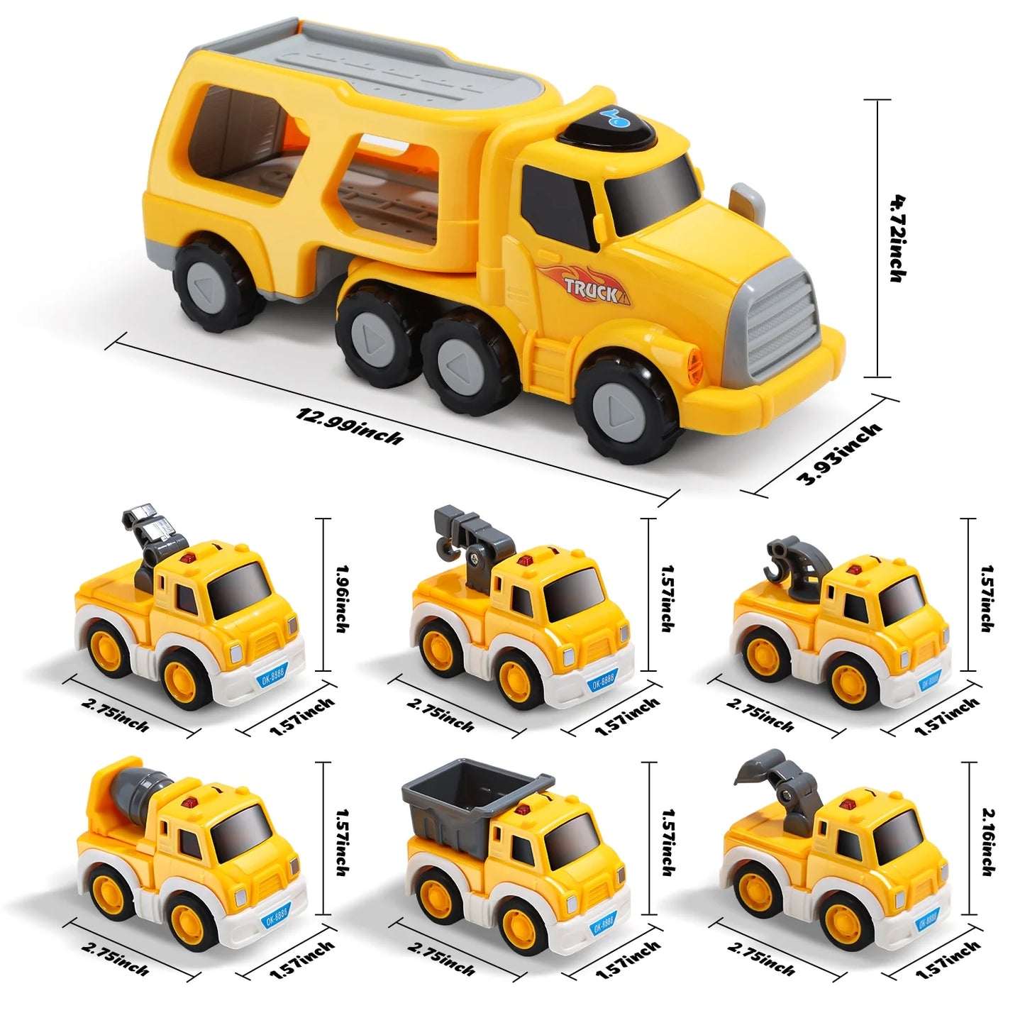 JoyStone 7 in 1 Construction Carrier Truck Transport Car Toys with Light and Sound, 6 Pull Back Cars, Vehicles Toys for Kids Age 2-6, Christmas Birthday Gifts, Yellow