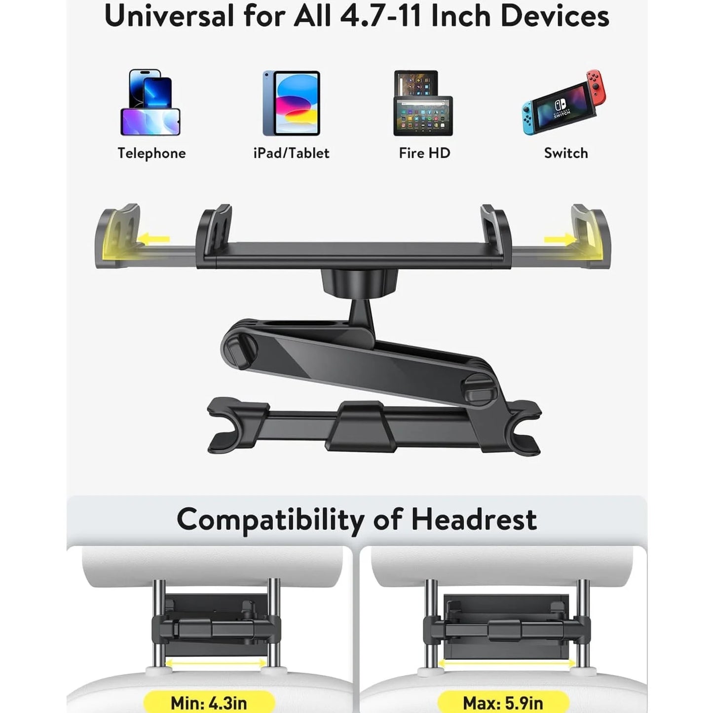 Car Ipad Holder Backseat Kids Car Headrest Tablet Mount Holder Stretchable Backseat Tablets Stand for Kids Compatible with iPad Air Mini/Cell Phone/Galaxy Tab/Switch Lite or Other 4.7-11" Device