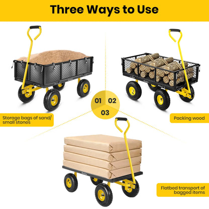 GVDV Heavy Duty Steel Garden Cart with Liner, 660lbs Capacity, 3 Cu ft, 10 All-Terrain Wheels, Black/Yellow – Durable Utility Cart for Yard Work, Hauling, and Outdoor Use
