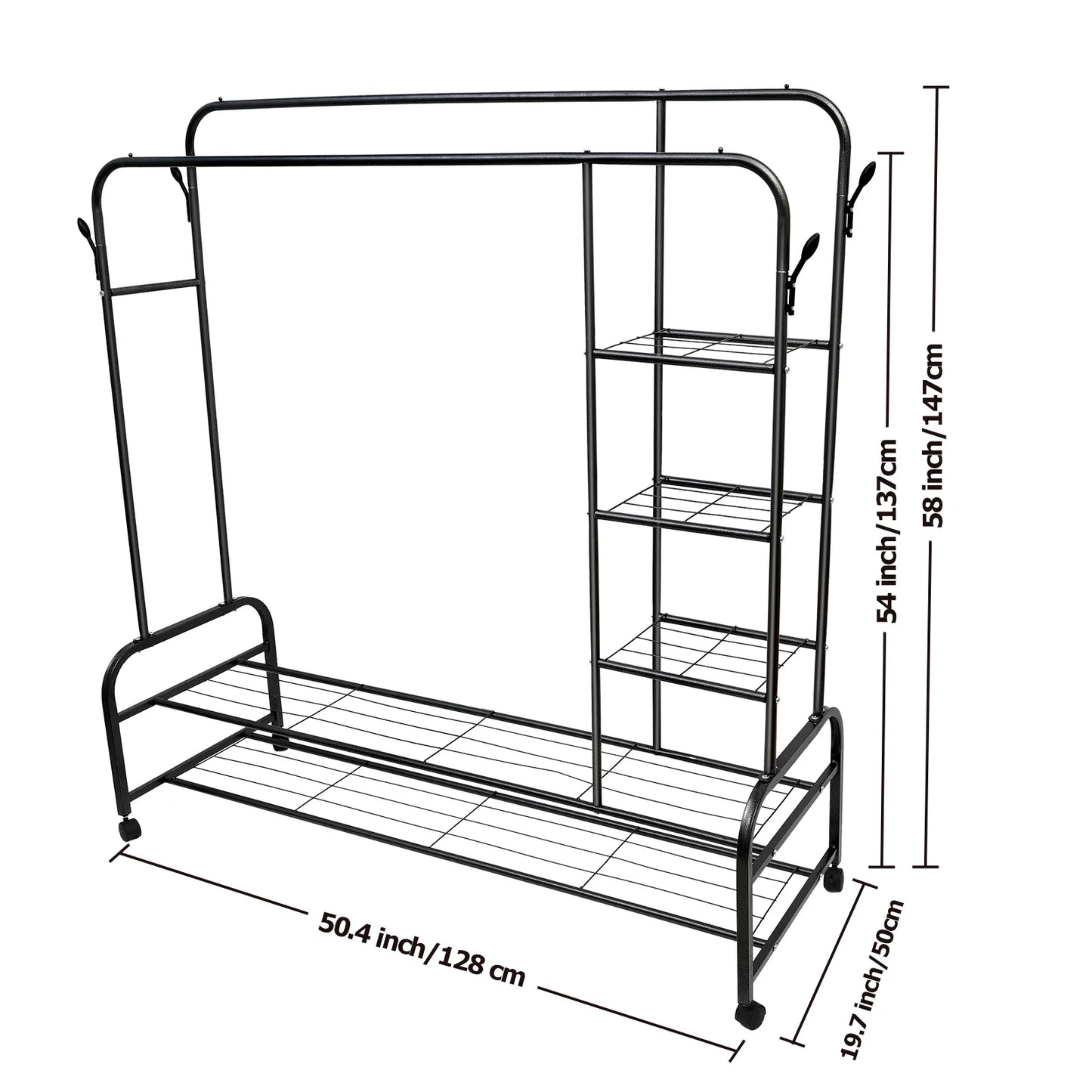 ALSO GO 3-In-1 Double Rod Clothes Rack with 4-Shelf, Metal Clothing Rack with Wheels & 4 Hooks, Portable Heavy Duty Garment Rack with Double Bottom Shelves, Freestanding Organizer for Bedroom, Black