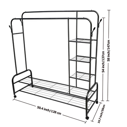ALSO GO 3-In-1 Double Rod Clothes Rack with 4-Shelf, Metal Clothing Rack with Wheels & 4 Hooks, Portable Heavy Duty Garment Rack with Double Bottom Shelves, Freestanding Organizer for Bedroom, Black
