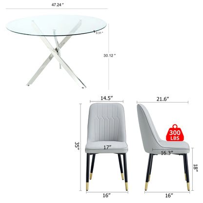47" Modern Round Glass Dining Table Set with 4 PU Leather Chairs,Silver Base Glass Table with 4 Gray Chairs with Black Leg