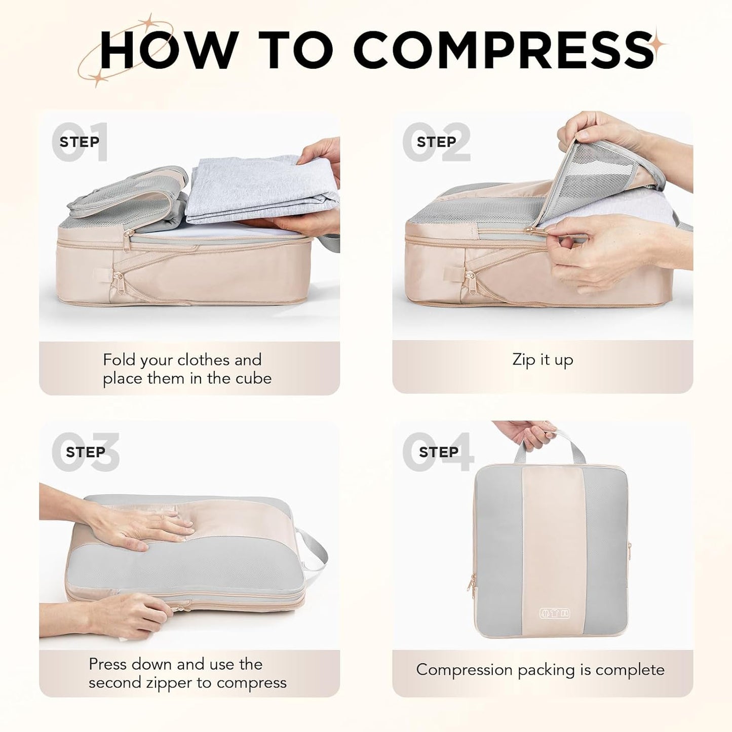 OKAKA 6 Set Compression Packing Cubes Travel Accessories Expandable Packing Organizer Bags Mesh Lightweight,Beige