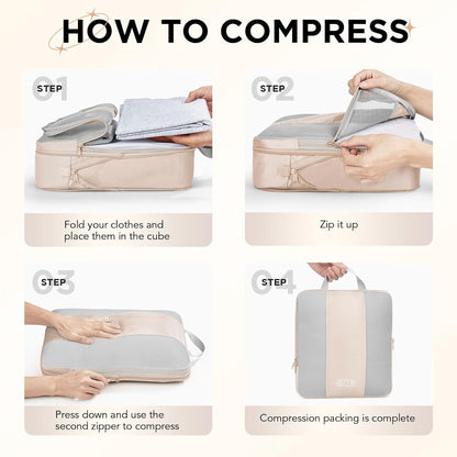OKAKA 6 Set Compression Packing Cubes Travel Accessories Expandable Packing Organizer Bags Mesh Lightweight,Beige