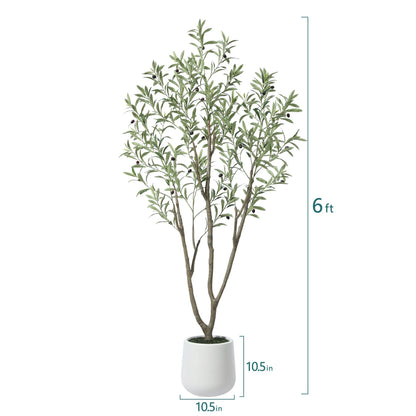 6ft Fake Plastic Olive Tree with Oval White Planter, Pre Potted Faux Greenry Plant for Home Decor Office House Living Room Indoor Outdoor, Big Fake Plants Fake House Plants