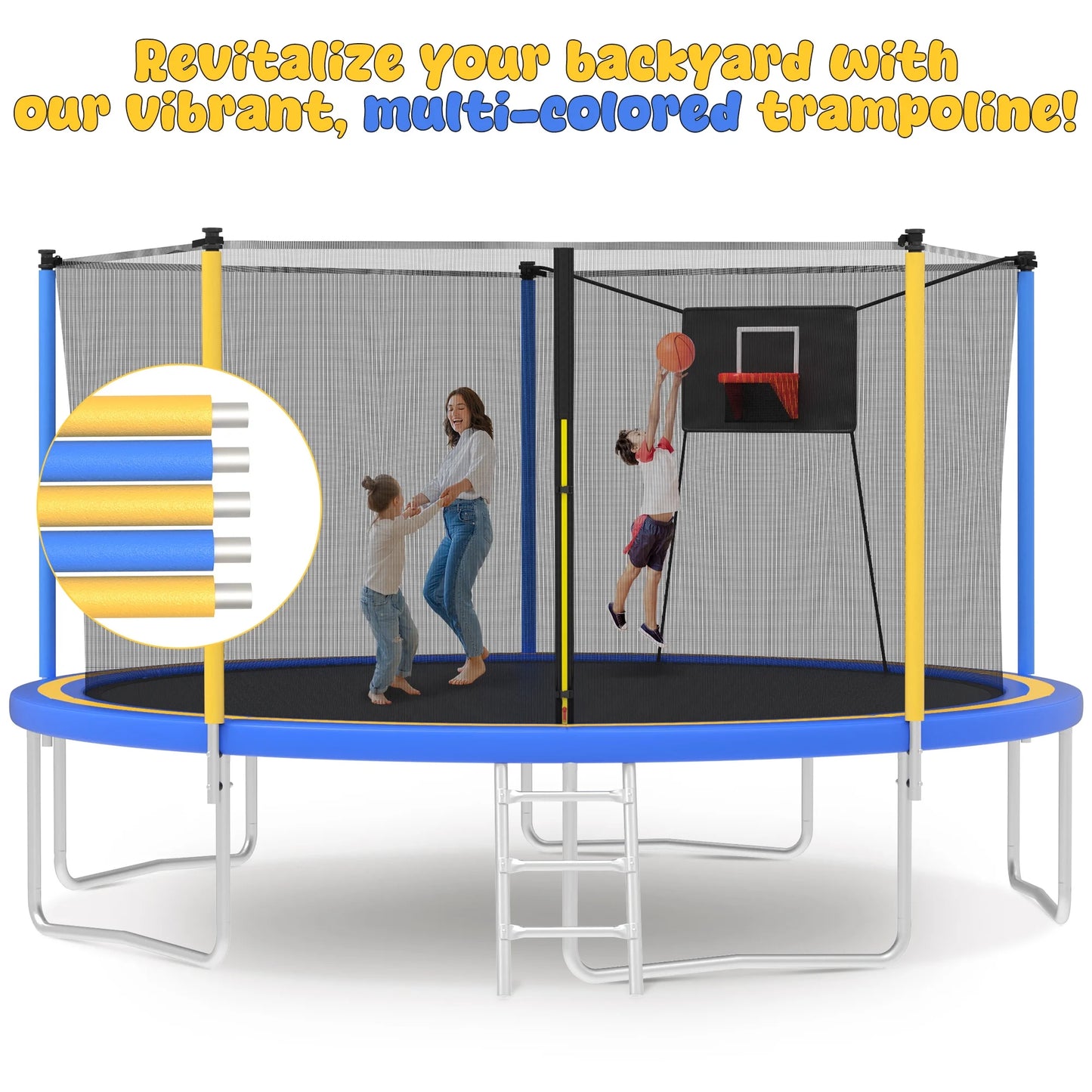 Trampoline with Enclosure, SEGMART Upgraded 14FT Kids Outdoor Trampoline with Basketball Hoop and Ladder, Heavy Duty Round Trampoline for Indoor Outdoor Backyard