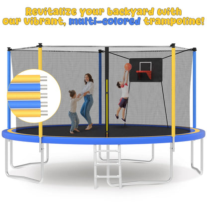 Trampoline with Enclosure, SEGMART Upgraded 14FT Kids Outdoor Trampoline with Basketball Hoop and Ladder, Heavy Duty Round Trampoline for Indoor Outdoor Backyard