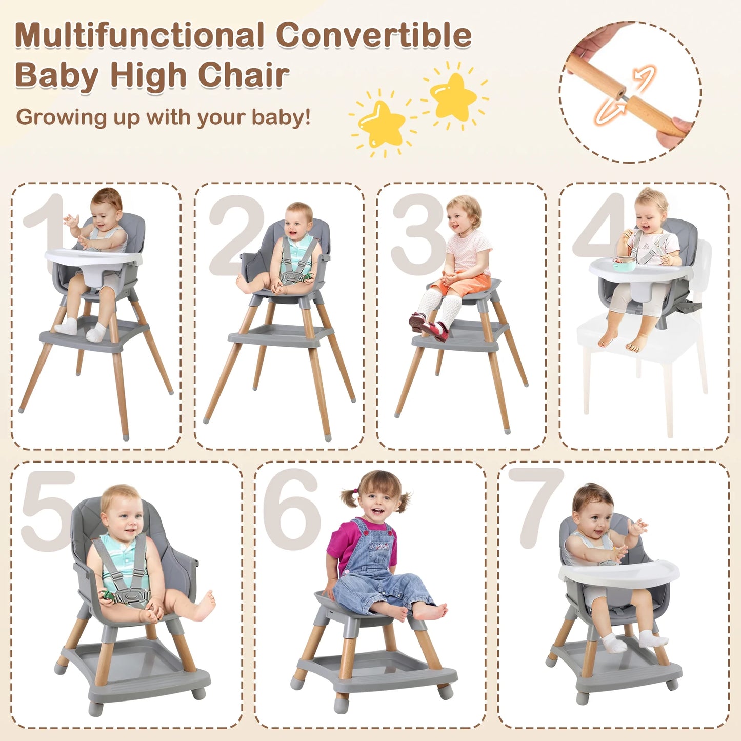 AILEEKISS 7 in 1 Wooden Baby High Chair forToddler, Infant Feeding Chair with Removable Tray