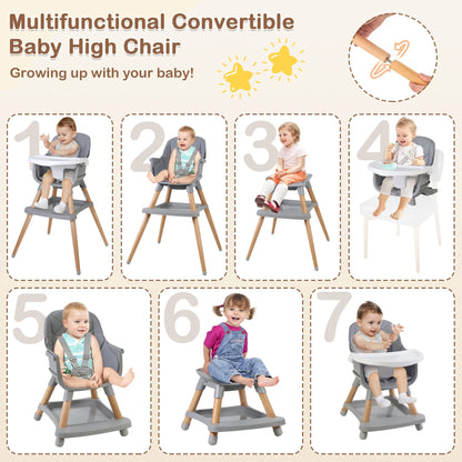 AILEEKISS 7 in 1 Wooden Baby High Chair forToddler, Infant Feeding Chair with Removable Tray