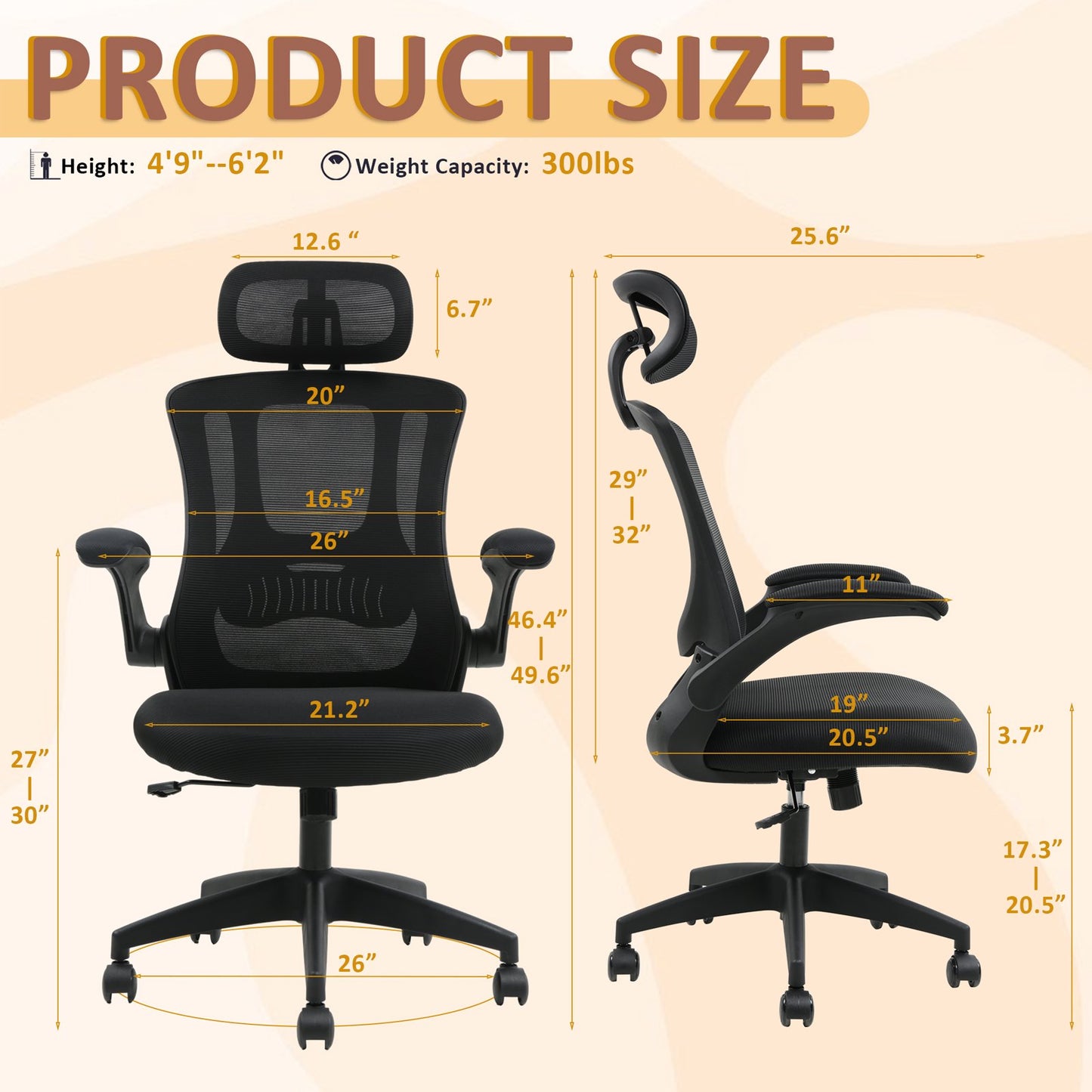 TrumanPick Ergonomic Office Chair - High Back Home Desk Chair,Adjustable Computer Desk Chair with Lumbar Support, Flip-Up Arms, Headrest & 90-120° Tilt Lock 300lb, Black