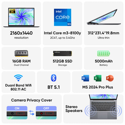 14.1" Laptop 16GB RAM 512GB SSD,Windows 11 Pro Notebook Computer,Intel Core M3-8100Y(up to 3.4 GHz)Processor,QHD Display, Ultra-Thin and Lightweight