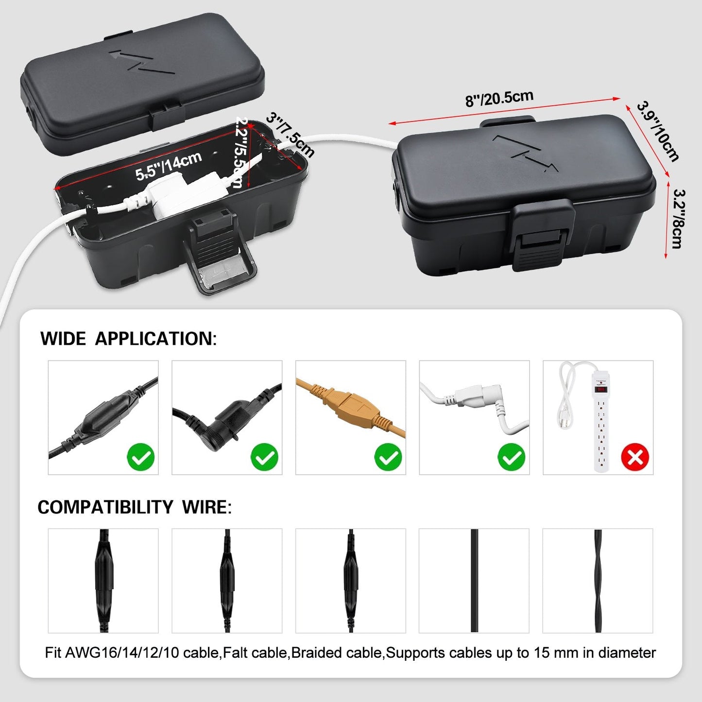 PhiloDeco Small Outdoor Electrical Box (8.5*5*2.5 inch), IP54 Waterproof Extension Cord Cover Weatherproof, Protect Outlet, Plug, Socket, Timer, Power Strip, Holiday Light Decoration, Black