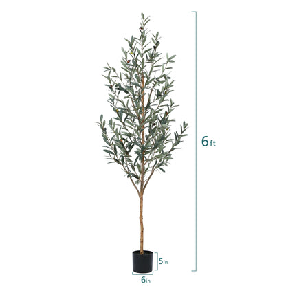 6 ft Artificial Olive Plants with Realistic Leaves and Natural Trunk, Silk Fake Potted Tree with Wood Branches and Fruits, Faux Olive Tree for Office Home Decor