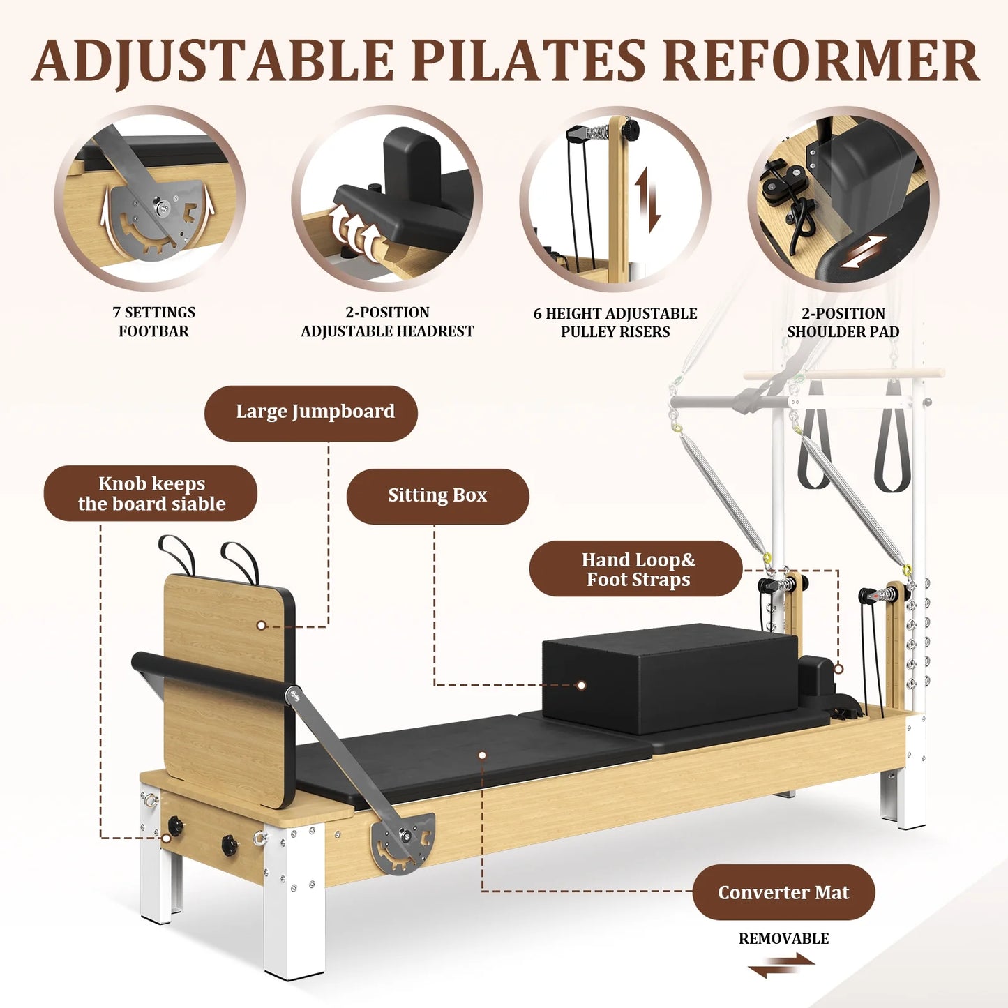 SYEDEE Pilates Reformer, Wooden Pilates Reformer Machine with Tower & Mat, Pilates Equipment for Home Workout and Studio, with Reformer Accessories, Sitting Box, Jump Board