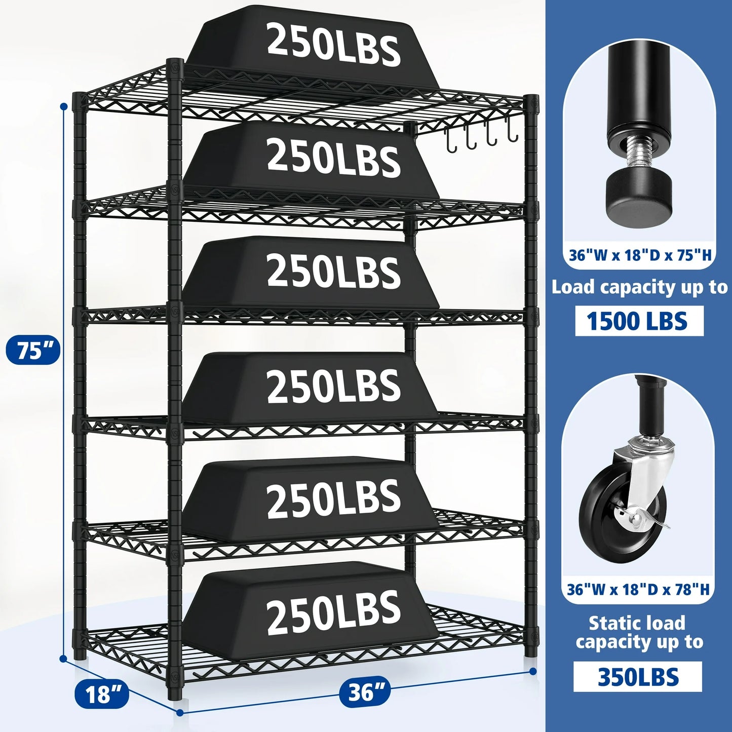 TrumanPick 6-Tier Wire Storage Shelving, Adjustable Garage Shelves, Wire Rack with Wheels,36"W x 18"D x 75"H, Black