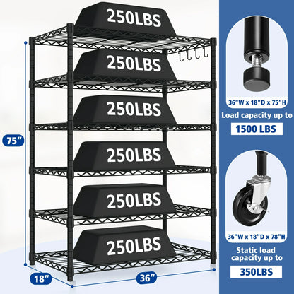 TrumanPick 6-Tier Wire Storage Shelving, Adjustable Garage Shelves, Wire Rack with Wheels,36"W x 18"D x 75"H, Black