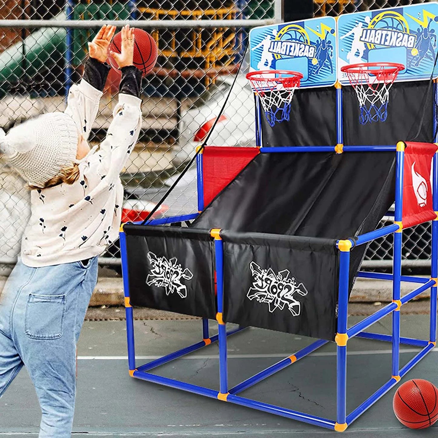 Basketball Hoop Arcade Game for Kids, Basketball Goal with 6 Balls Indoor Outdoor, Basketball Shooting System, Pop a Shot Basketball Game, Sports Toys Gifts for 3-6 Year Old Boys Girls