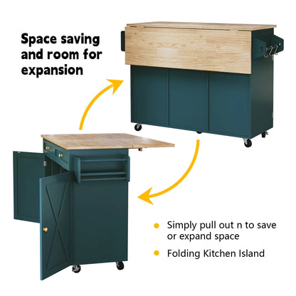CBJCBJ 51.7" Rolling Kitchen Island Foldable, Adjustable Shelf & 2 Storage Doors - Mobile Kitchen Cart, Breakfast Bar with Storage (Green)