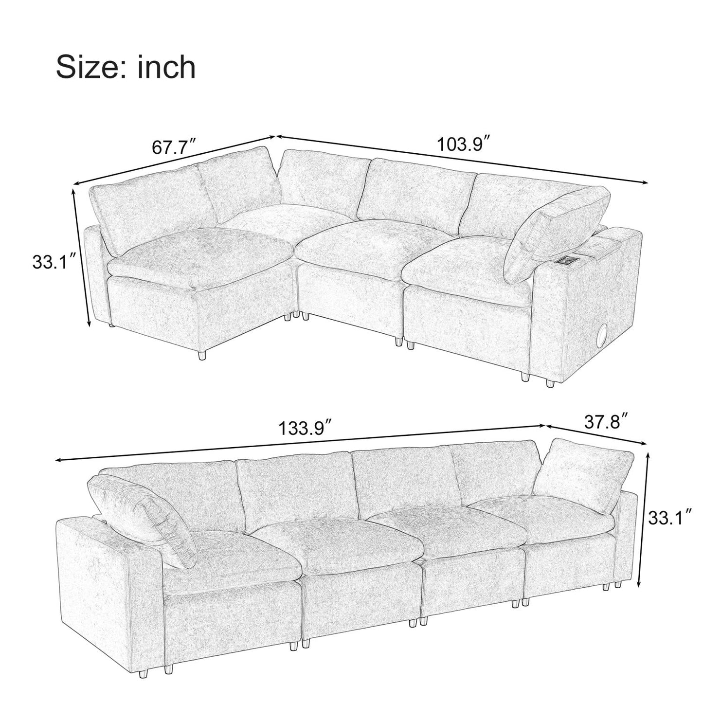 Churanty Modular Sectional Sofa with USB Charge Ports, Upholstered 4 Seater Free combination Couch with Wireless Charging and Built-in Bluetooth Speaker in Arm for Living Room Apartment,Beige