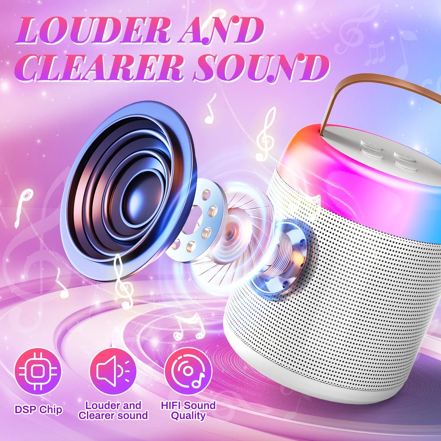 JoyStone Karaoke Machine with 2 Wireless Microphones Portable Bluetooth 5.3 Speaker Led Lights for Kids, Karaoke Toys Gifts for Girls 4-10 Year Old Christmas Party, White