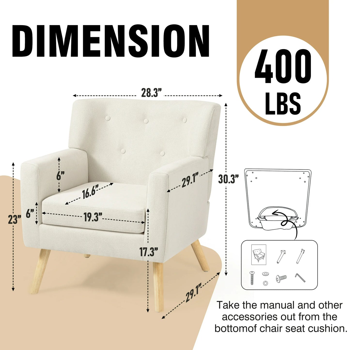 TrumanPick Accent Chair, Modern Upholstered Comfy Sofa Chairs, Fabric Mid-Century Armchair Button Tufted Lounge Chair for Living Room, Bedroom, Beige