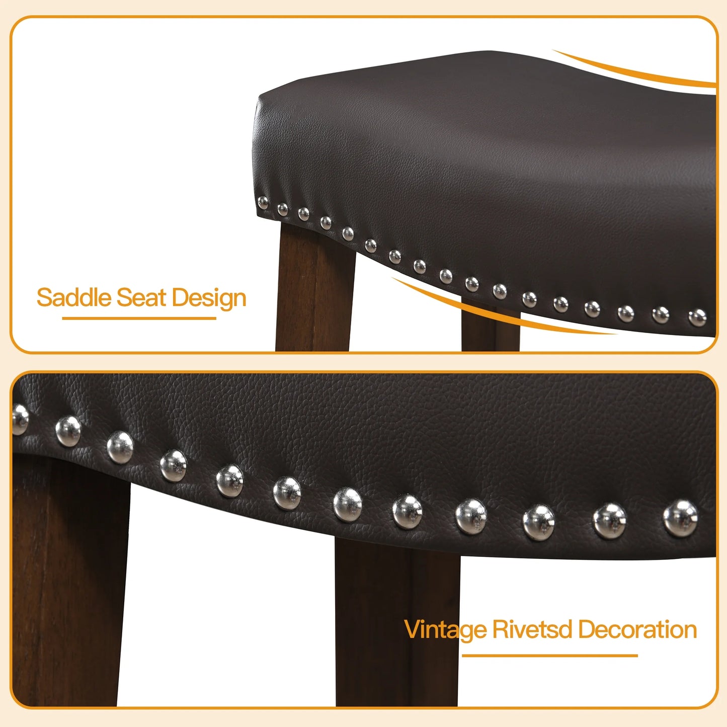TrumanPick 26" Bar Stools Set of 2 Counter Height Stools Modern Saddle Barstools for Kitchen Island Leather Bar Chairs, Brown
