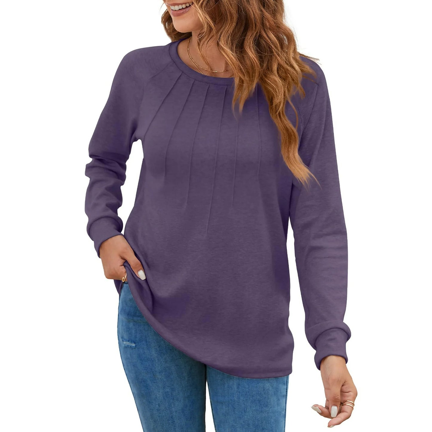 UVN Pleated Womens Blouses Crewneck Long Sleeve Shirts Casual Dressy Tunic Tops