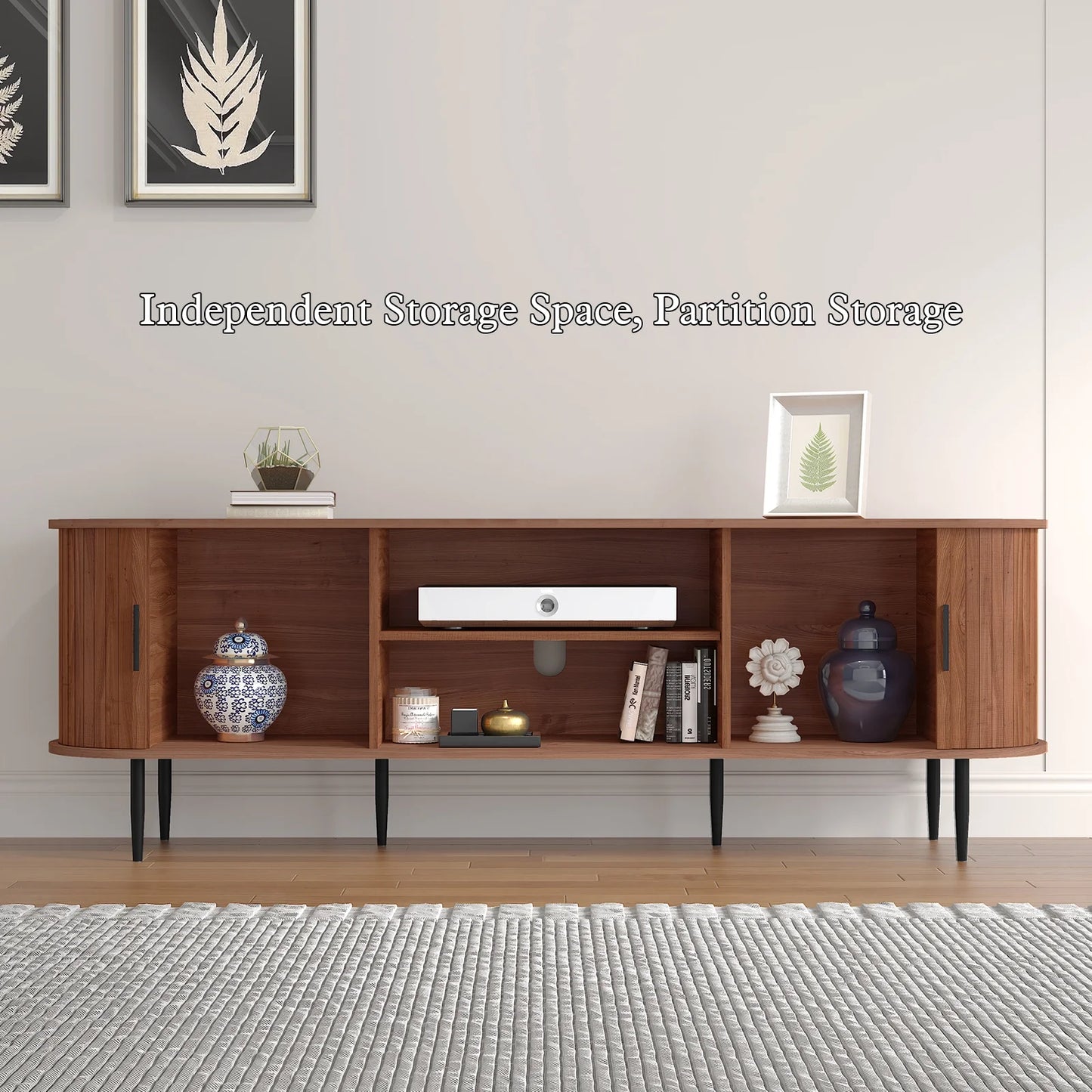 CBJCBJ 70" Modern Tambour Door TV Stand up to 80" TVs, Entertainment Center with Storage, Fluted Television Consoles for Living Room（Brown）