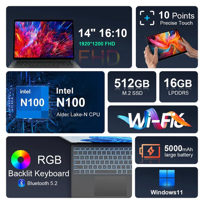 14" Tablet+KeyBoard+Stylus Pen,512G SSD 16G RAM,Windows 11 Pro,12th Gen Intel N100(Beat to Core i3-1115G4, Up to 3.4GHz),2 in 1 Tablet Laptop PC,1920x1200 IPS Screen