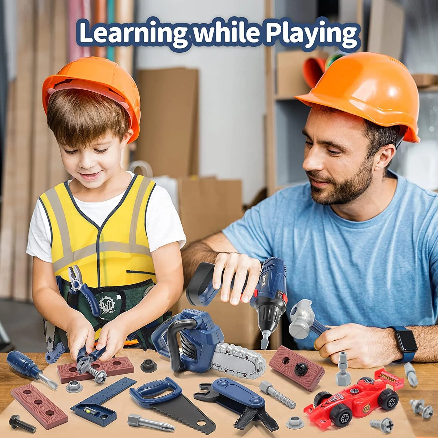 JoyStone 47 PCS Kids Pretend Play Tool Sets, ABS Play Tools Box with Electric Power Toy Drill & Chainsaw for Toddles Boys