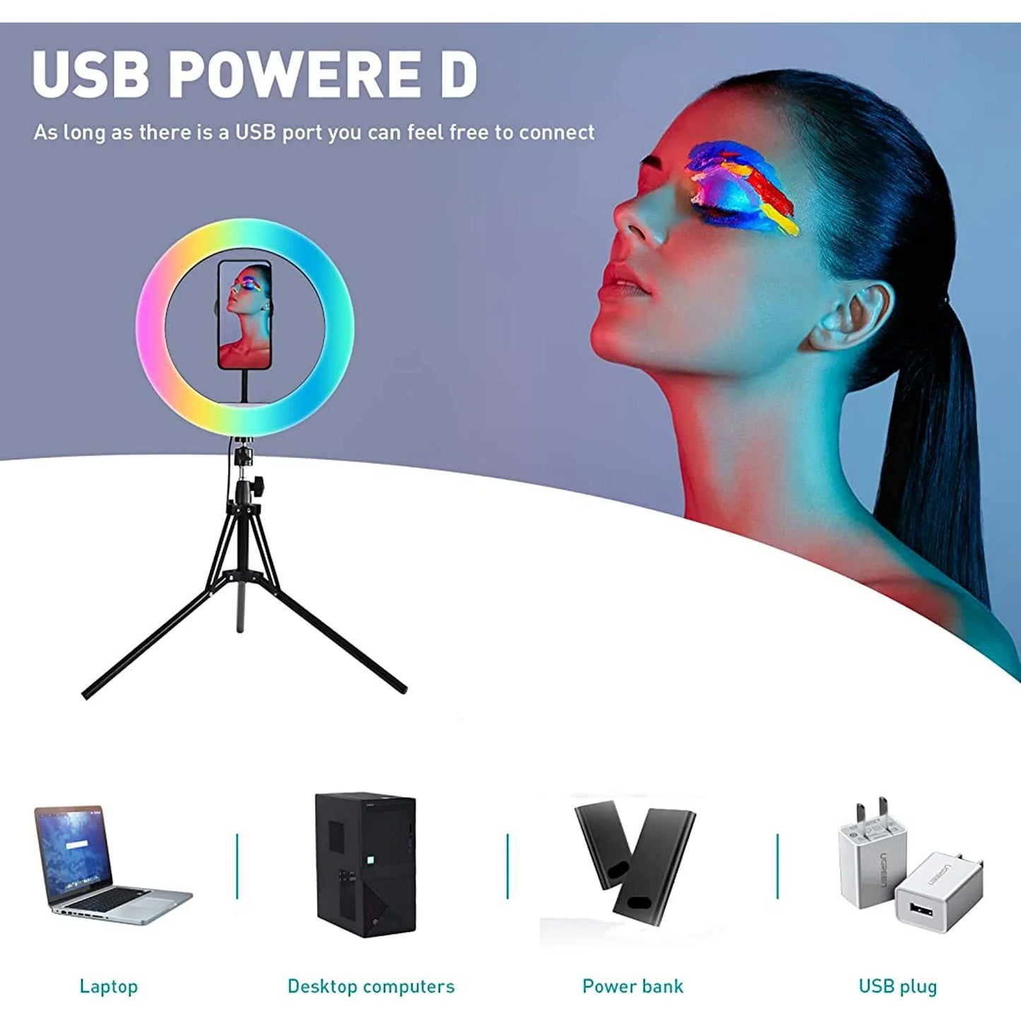 13" LED RGB Selfie Ring Light w/ Mini & Extendable Tripod Stand & Phone Holder 10 Brightness Level 26 Light Modes Dimmable Ringlight for Beauty Makeup Live Streaming YouTube Video Photography Shooting