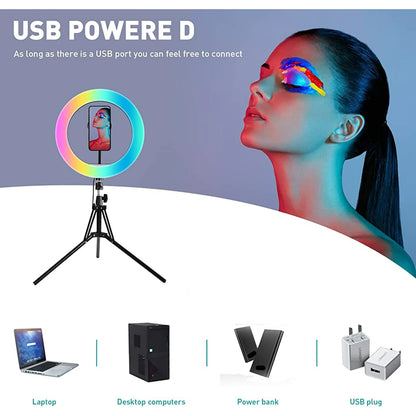 13" LED RGB Selfie Ring Light w/ Mini & Extendable Tripod Stand & Phone Holder 10 Brightness Level 26 Light Modes Dimmable Ringlight for Beauty Makeup Live Streaming YouTube Video Photography Shooting