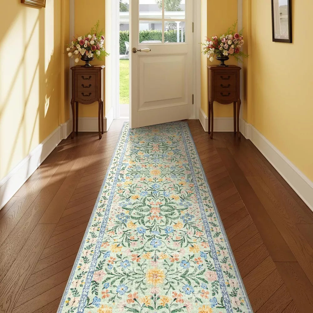 Lahome Machine Washable Eastern Floral Plant Floor Mat-Soft Rug for Living Room, Bedroom, or Entryway