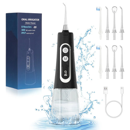 Cordless Water Flosser, Portable Dental Teeth Cleaner, 310ML Tank USB Rechargeable Dental Oral Irrigator for Home and Travel, 4 Modes 8 Jet Tips, IPX7 Waterproof, Easy-to-Clean（Black）