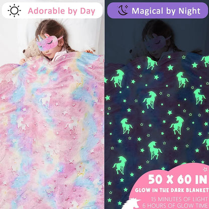 SRIZIAN Unicorn Gift Set for Girls Age 3 to 12, Christmas Birthday Festival Gifts for Girls, Glow in Dark Blanket Satchel Headband Eyeshade Pen Bag Drawstring Bag Unicorn Pendant Greeting Card Set