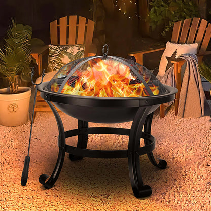 Segmart 22" Round Fire Pit, Curved Iron Outdoor Wood Burning Fire Pit Patio Decoration with Spark Screen, Log Grate, Poker for Backyard Poolside, Black