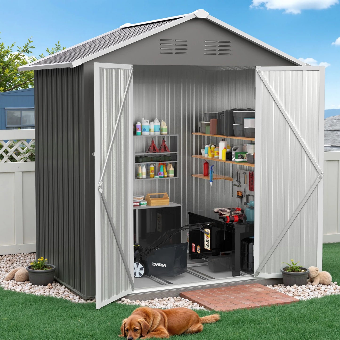 6' x 4' Outdoor Metal Storage Shed with Metal Base , Seizeen Tools Storage Shed, Galvanized Steel Garden Shed with Lockable Doors for Backyard, Patio, Lawn